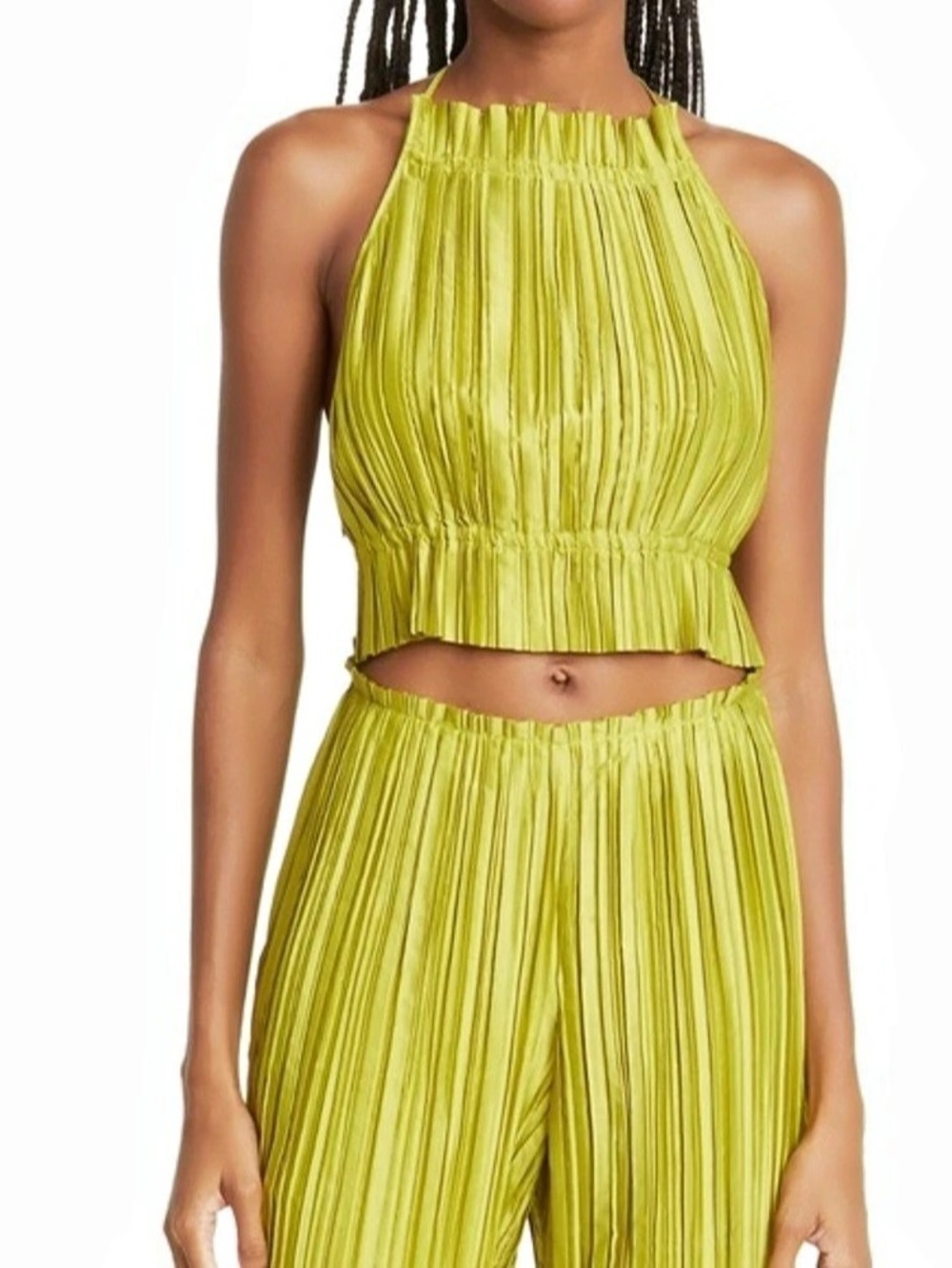 Cult Gaia Roxie Pliss Satin Halter Top Chartreuse XS